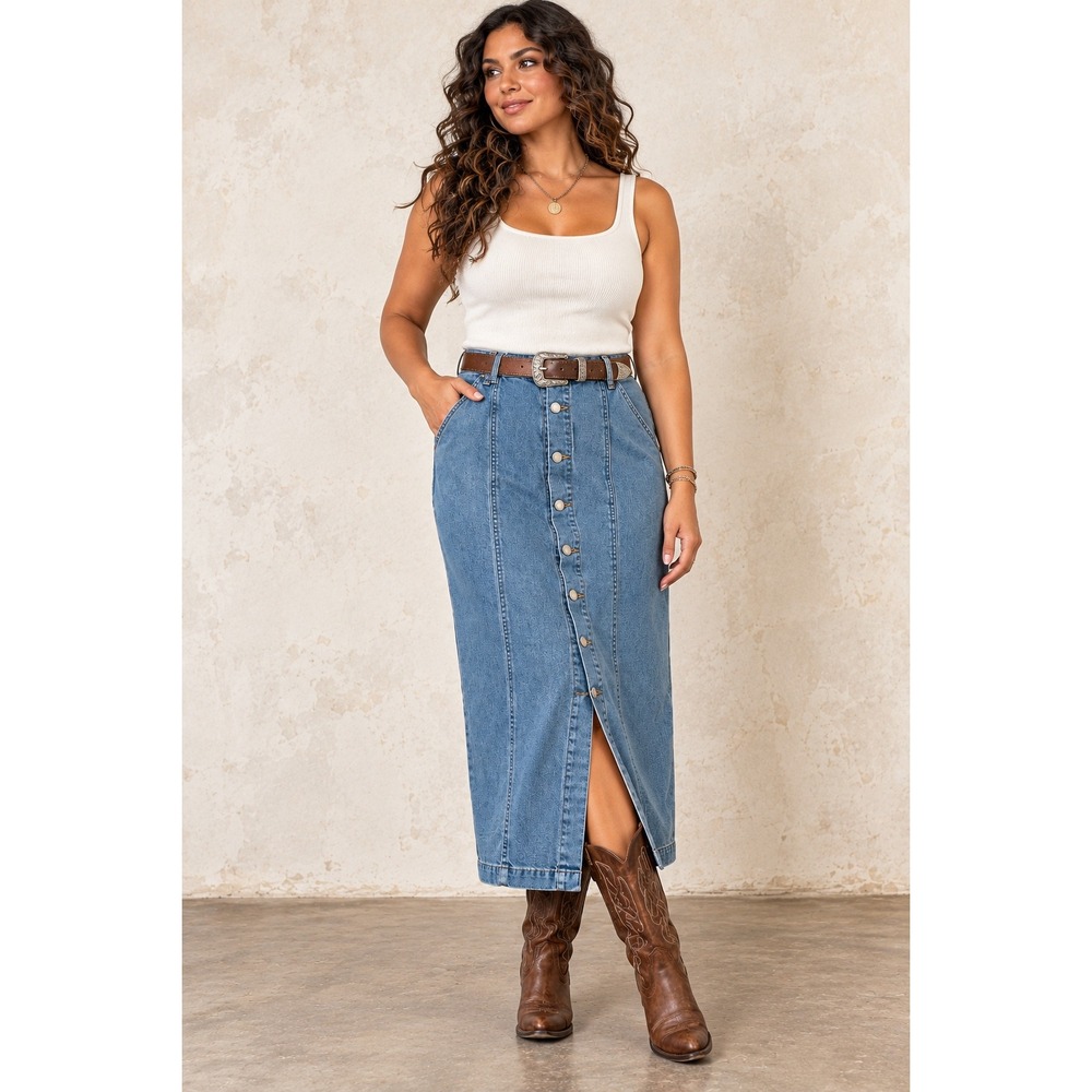 Button Front Denim Maxi Skirt Blue Cotton Blend Western Boho Longline Size M